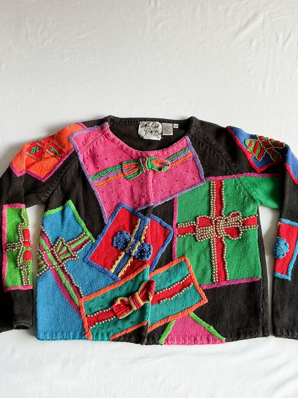 Michael Simon Vintage 1996 Holiday Gifts Bows Beaded Collectible Sweater Sz Med